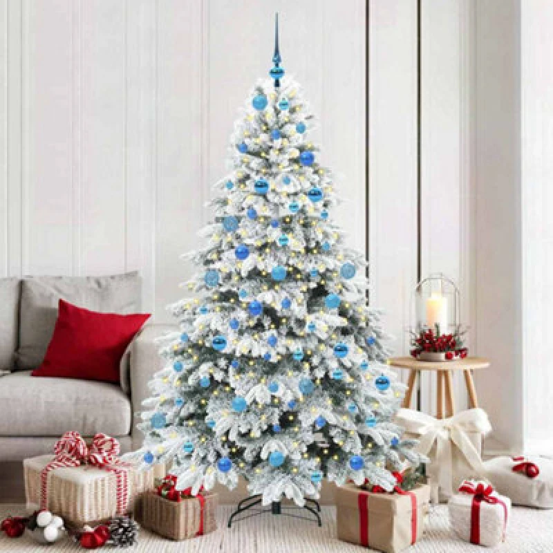 Image of vidaXL Artificial Christmas Tree with 300 LEDs and Blue Balls Snow Flocked Green 180cm PE and PVC, Green 3397621
