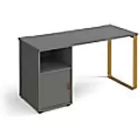 Image of Rectangular Sleigh Frame Desk Onyx Grey Wood, Metal Sleigh Legs Brass Cairo 1400 x 600 x 730mm With cupboard