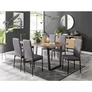 Image of Furniturebox UK - Furniturebox Kylo Brown Wood Effect Dining Table & 6 Grey Milan Velvet Dining Chairs With Black Legs Diamond Stitch Modern