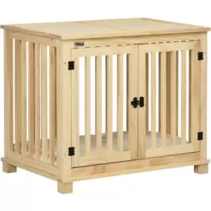 Image of Wooden Dog Crate End Table w/ Soft Washable Cushion, for Medium Dogs - Natural wood finish - Pawhut