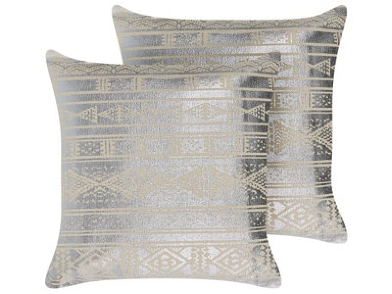 Image of Beliani Set Of 2 Decorative Cushions Oujda Cotton 50 X 50 Cm Silver Geometric Pattern