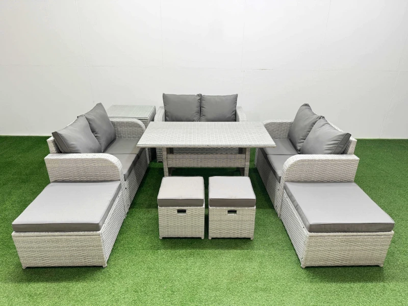 Image of Fimous Rattan Lounge Sofa Set 10 Seater Outdoor Garden Furniture Set in Light Grey Light Grey Unisex
