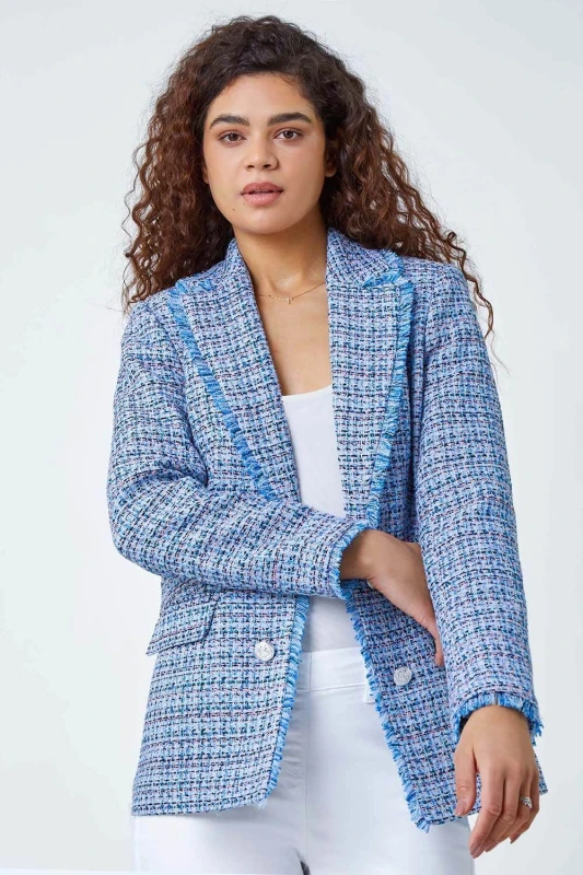 Image of Roman Frayed Edge Boucle Check Jacket Blue
