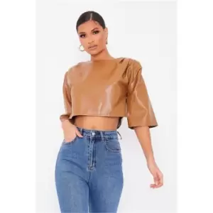 Image of I Saw It First Stone Faux Leather Shoulder Pad Cropped Blouse - Brown