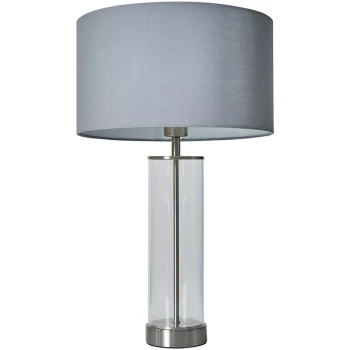 Image of Brushed Chrome & Clear Tube Table Lamp With Large Lampshade - Dark Grey
