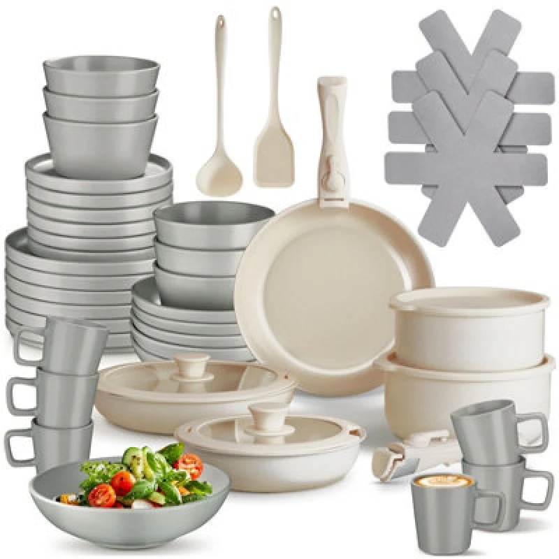 Image of tectake Kitchen starter set for 6 people with crockery, pots etc., grey/white, 46 pc, Grey 406676