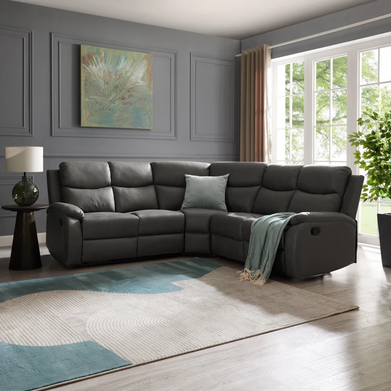 Image of Home Detail Selby 5 Seater Corner L-Shaped Manual Recliner Sofa Grey Faux Leather Grey