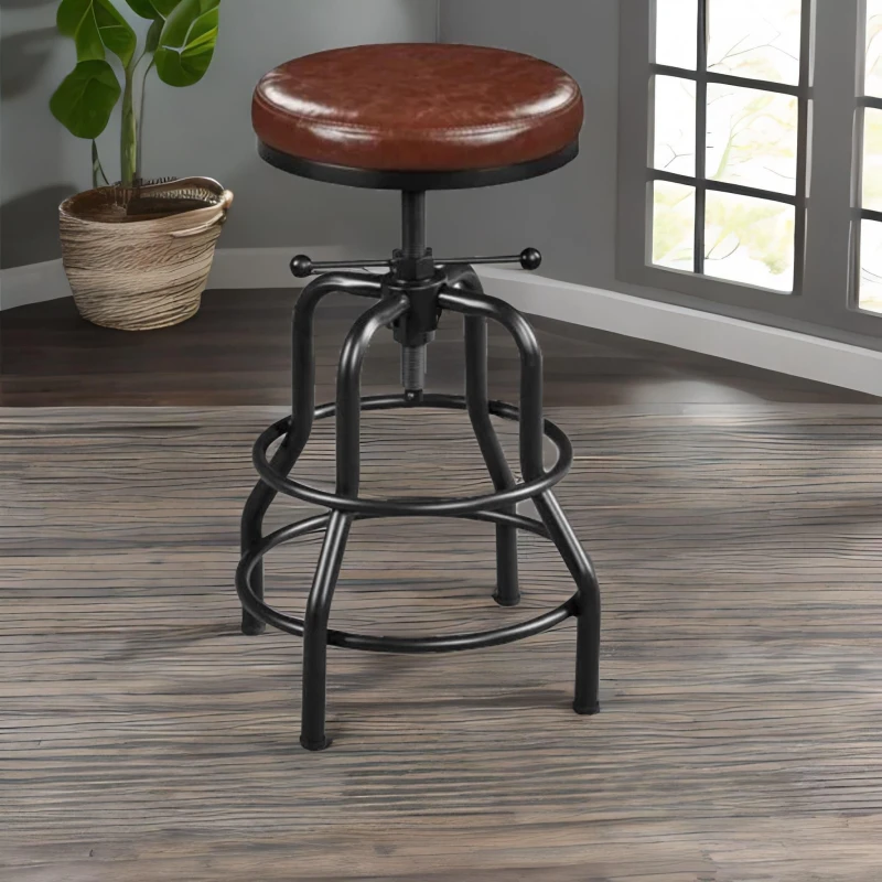 Image of Rafaelo Mobilia Industrial Faux Leather Bar Stool With Adjustable Height in Brown Brown Unisex