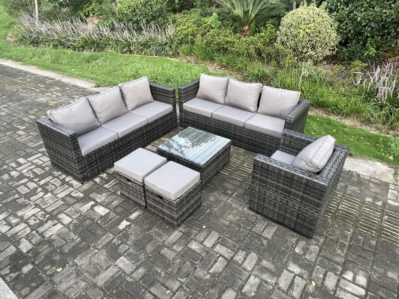 Image of Fimous Rattan Garden Furniture Sofa Set with Armchair Square Coffee Table 2 Small Footstools Indoor Side Table Outdoor 9 Seater Dark Grey
