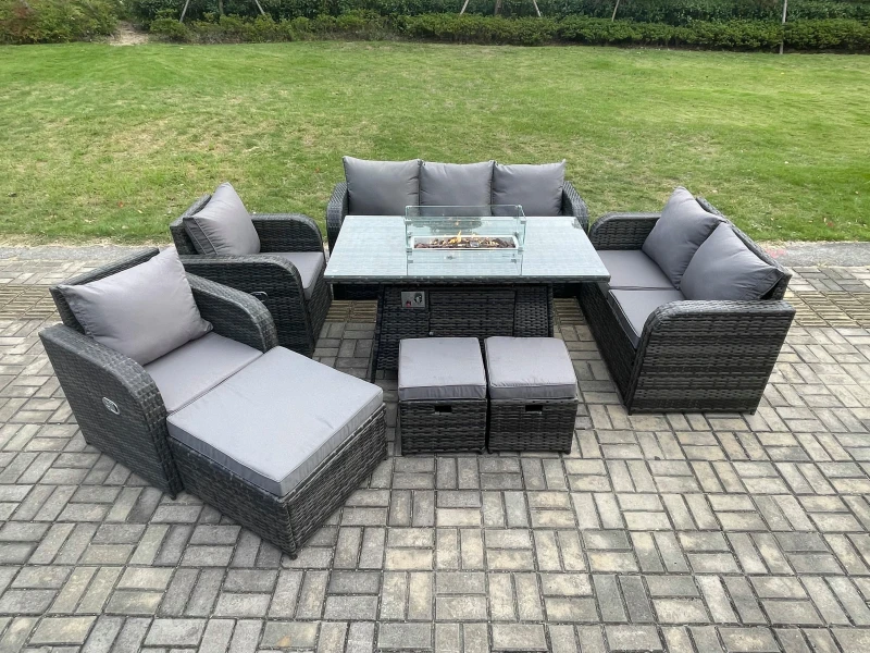 Image of Fimous 10 Seater PE Wicker Outdoor Rattan Garden Furniture Set Propane Gas Fire Pit Table and Sofa Chair set with 3 Footstools Dark Grey