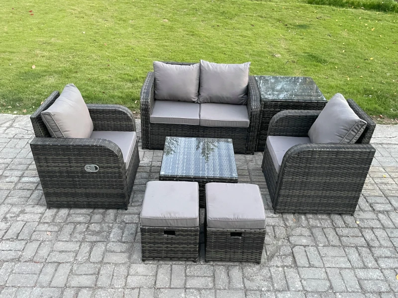 Image of Fimous Wicker PE Rattan Garden Furniture Set Outdoor Lounge Sofa Set with Love Sofa Square Coffee Table Side Table Dark Grey unisex