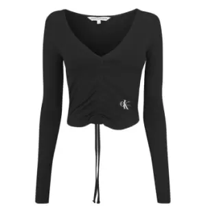 Image of Calvin Klein Jeans Drawstring V Neck Top - Black