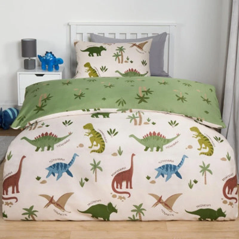 Image of OHS OHS Dinosaur Duvet Cover Bedding Set Reversible with Pillowcase Quilt in Green Size: Single Green Single Unisex 5027434190065