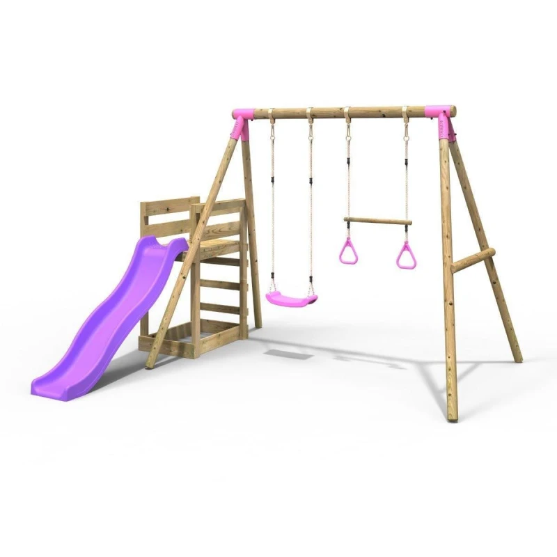 Image of Rebo Wooden Double Swing Set with Trapeze Bar and Slide - Janus Pink Pink