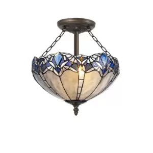 Image of 3 Light Semi Flush Ceiling E27 With 40cm Tiffany Shade, Blue, Clear Crystal, Aged Antique Brass