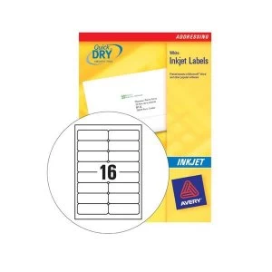 Image of Avery Quick DRY Addressing Labels Inkjet 16 per Sheet 99.1x33.9mm White 1600 Labels