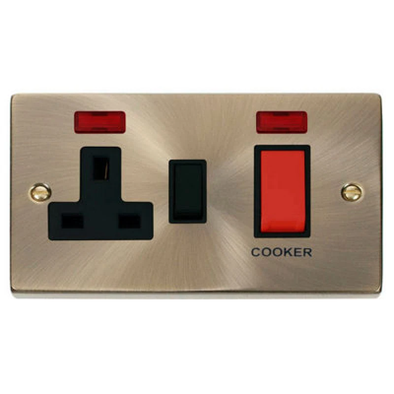 Image of SE Home Antique Brass Cooker Control 45A With 13A Switched Plug Socket & 2 Neons Gold unisex