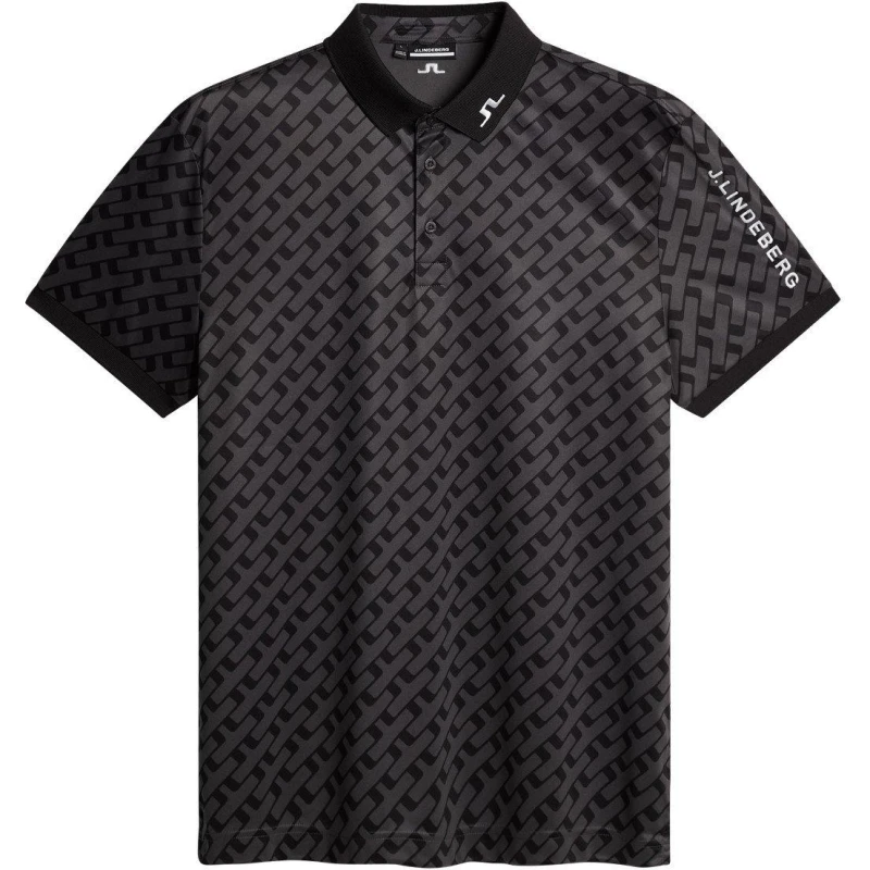 Image of J Lindeberg Golf Mens Tech Print Short Sleeve Performance Polo Shirt Tonal Black male Small