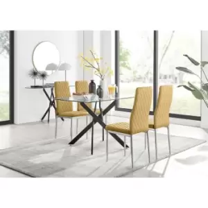 Image of Furniturebox Leonardo 4 Black Leg Glass Dining Table and 4 Mustard Milan Velvet Dining Chairs Diamond Stitch Modern Contemporary Chrome Metal
