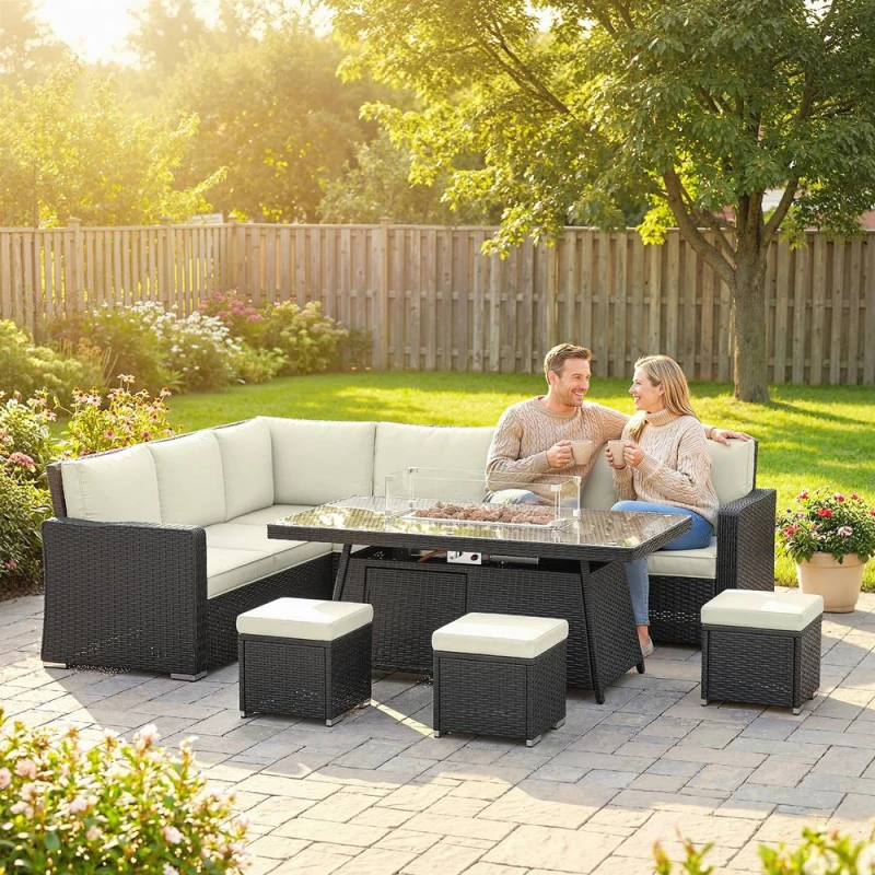 Image of OUTSUNNY 7 Pieces Rattan Garden Furniture Set w/ 50, 000 BTU Fire Pit Table in Cream Cream Unisex