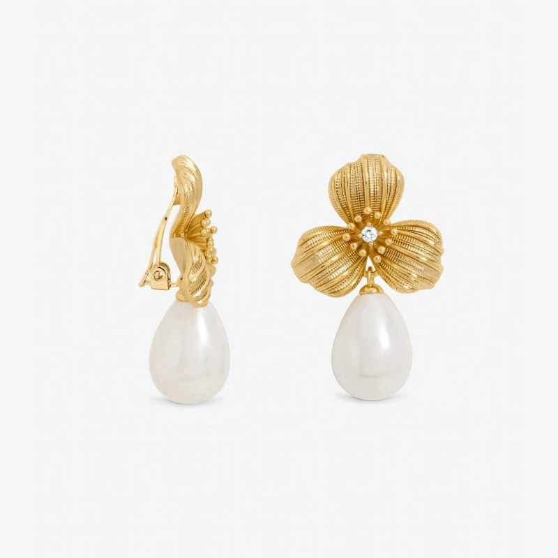 Image of Jon Richard Textured Floral and Pearl Drop Clip Earrings Drop Earrings One Size Cream 73791569000
