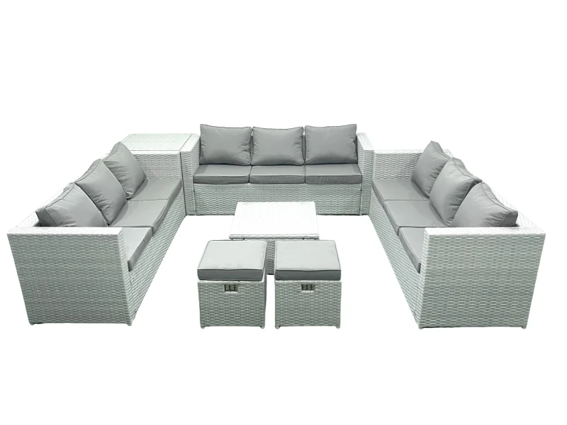 Image of Fimous Rattan Garden Outdoor Furniture Set 11 Seater Rattan Garden Sofa Set with 2 Small Footstool Side Table Light Grey Mixed Light Grey