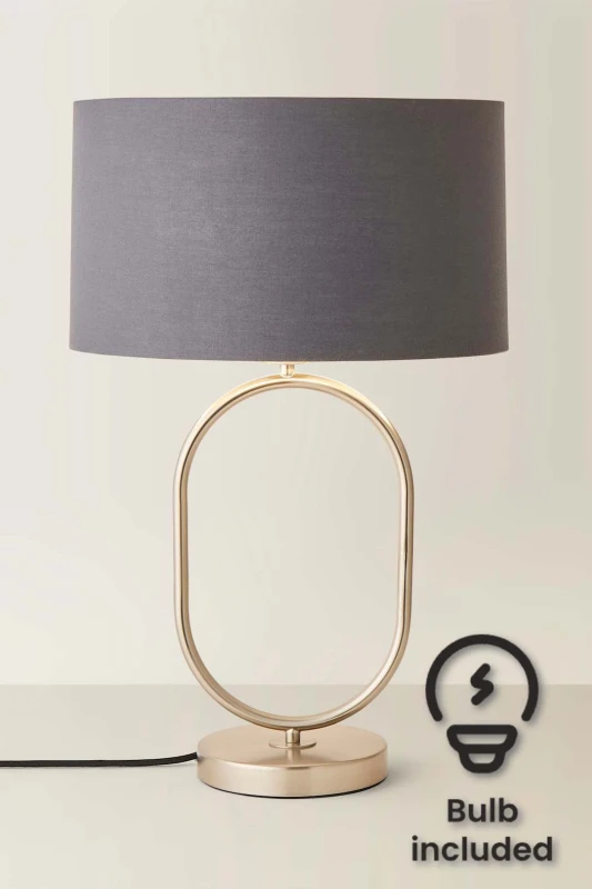 Image of ValueLights ValueLights Antonia Fabric with Chrome Drum Shade Chrome Oval Table Lamp with Bulb in Charcoal Charcoal One Size Unisex 5059406066801