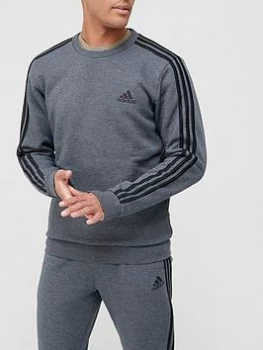 Image of adidas 3 Stripe Fleece Sweat Top - Grey/Black, Grey/Black Size XS Men