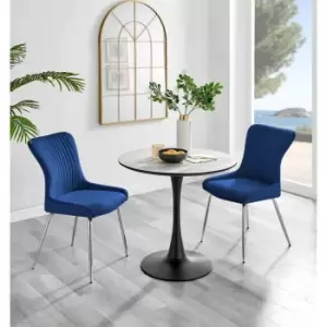 Image of Furniture Box Elina White Marble Effect Round Dining Table and 2 Blue Nora Silver Leg Chairs