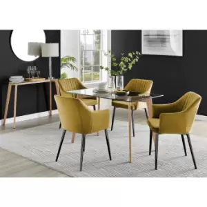 Image of Furniturebox Malmo Rectangular Glass and Wooden Leg Modern Industrial Dining Table & 4 Mustard Calla Black Leg Velvet Chairs