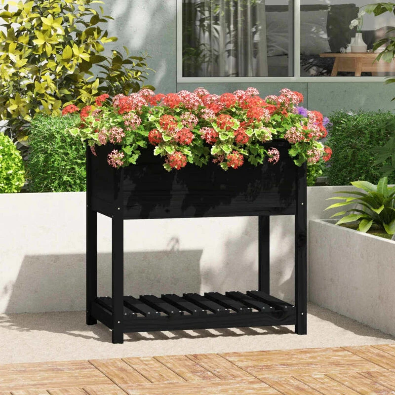 Image of VIDAXL Planter with Shelf Black 82.5x54x81cm Solid Wood Pine Vidaxl 823784