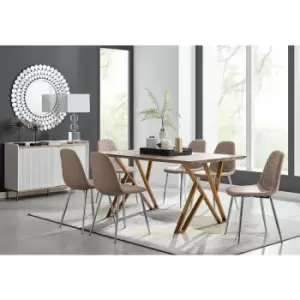Image of Taranto Oak Effect Dining Table and 6 Cappuccino Corona Faux Leather Dining Chairs with Silver Legs Diamond Stitch - Cappuccino