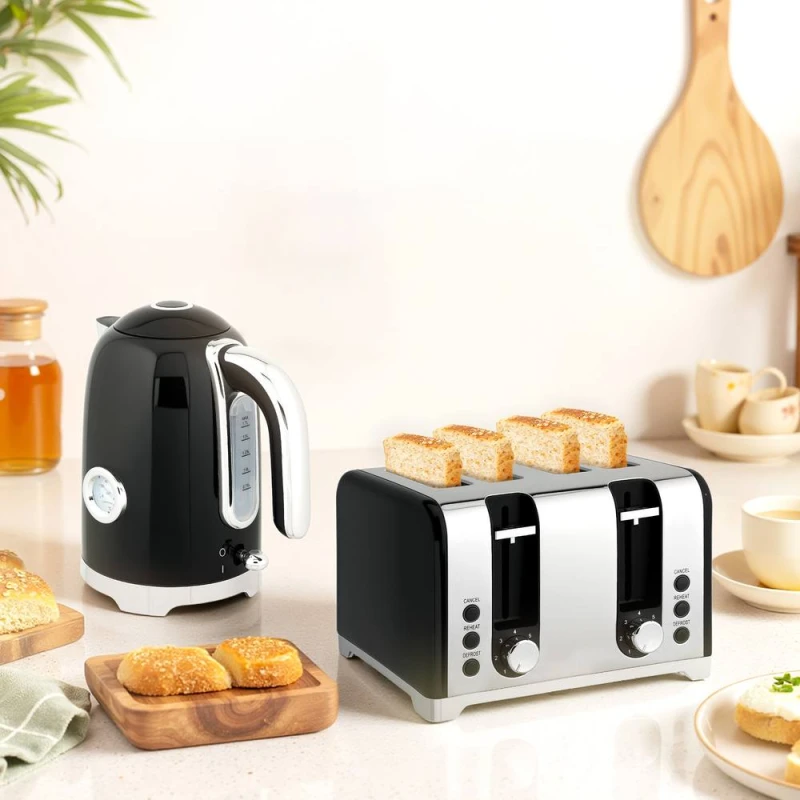 Image of HOMCOM HOMCOM 3000W 1.7L Kettle with Retro Thermometer, 4 Slice Toaster Set, Black 5063603100619