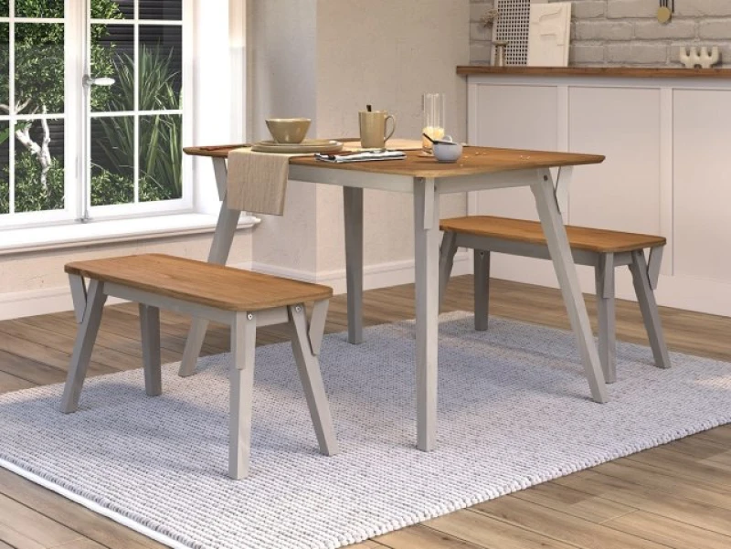 Image of Core Corona Grey and Waxed Pine Small Dining Table and 2 Bench Set
