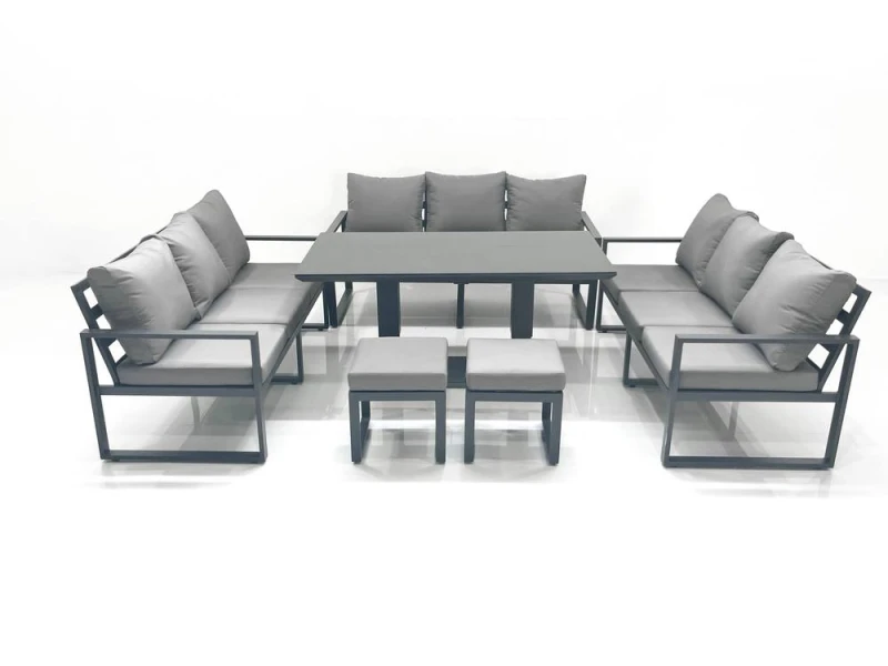 Image of Fimous 11 Seater Garden Sofa Set Aluminium Furniture Rising Dining Tabe Set wth 2 Small Footstools Dark Grey Dark Grey Unisex