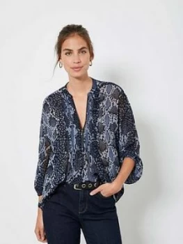 Image of Mint Velvet Venus Snake Print Zip Boho Blouse - Blue