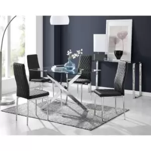 Image of Furniturebox UK - Furniturebox Leonardo 4 Chrome Leg Glass Dining Table and 4 Black Milan Velvet Dining Chairs Diamond Stitch Modern Contemporary