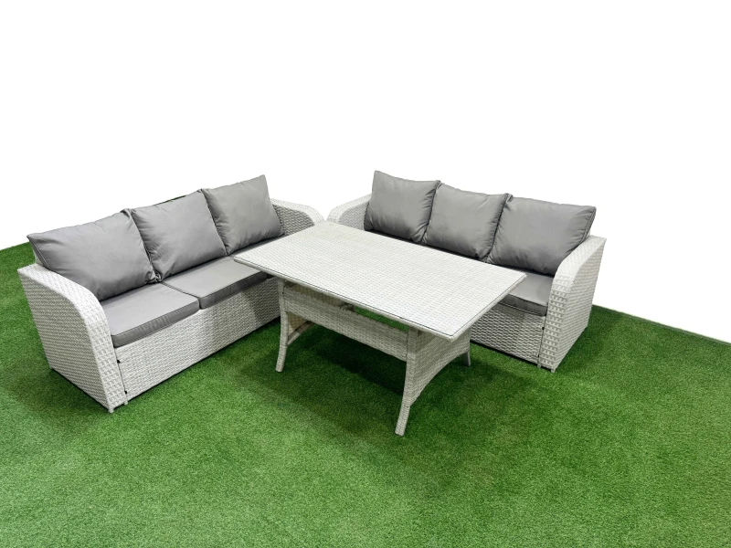 Image of Fimous Outdoor Garden Furniture Sets 6 Seater Wicker Rattan Furniture Sofa Sets with Rectangular Dining Table high Back Lounge Sofa Light Grey Light G