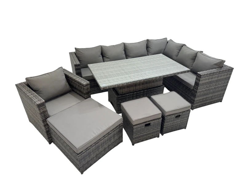 Image of Fimous 10 Seater Rattan Corner Sofa Sets with Chair 3 Stools Dark Grey Mixed Dark Grey Unisex