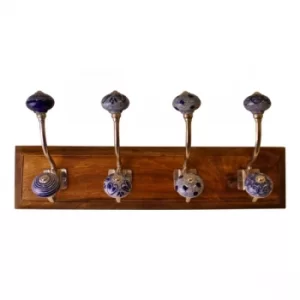Image of 4 Double Ceramic Blue & White Coat Hooks On Wooden Base