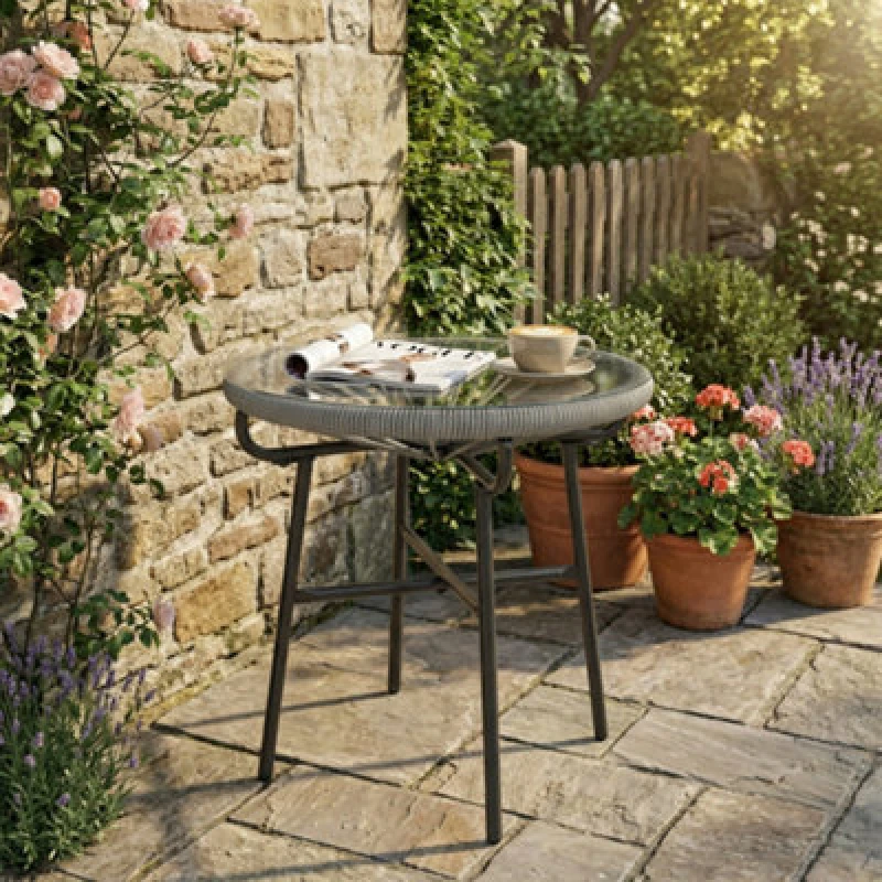 Image of Outsunny Rattan Side Table W/ Tempered Glass Tabletop, Light Grey