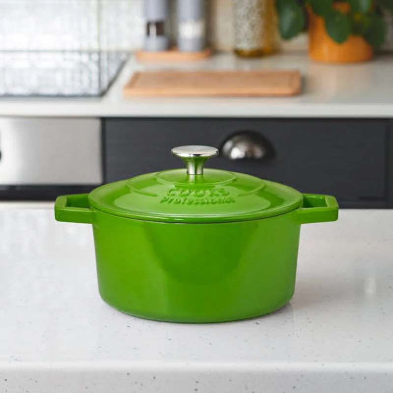 Image of Cooks Professional Cast Iron Casserole Dish 20Cm - 2.8L Colourful Cooking Pan With Lid & Handles - Suitable For All Hobs - Green