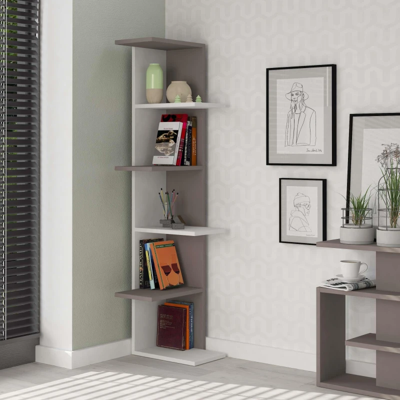 Image of DECORTIE Decortie - Saso Modern Corner Bookcase Display Unit Medium 141cm - White / Mocha Grey - Mocha Grey M.KT.02.13183.5