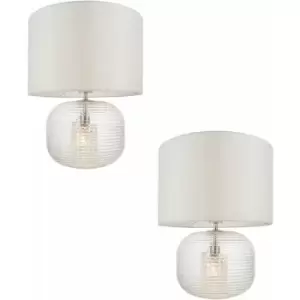Image of 2 pack Clear Ribbed Glass Twin Lit Table Lamp Light & Vintage White Fabric Shade