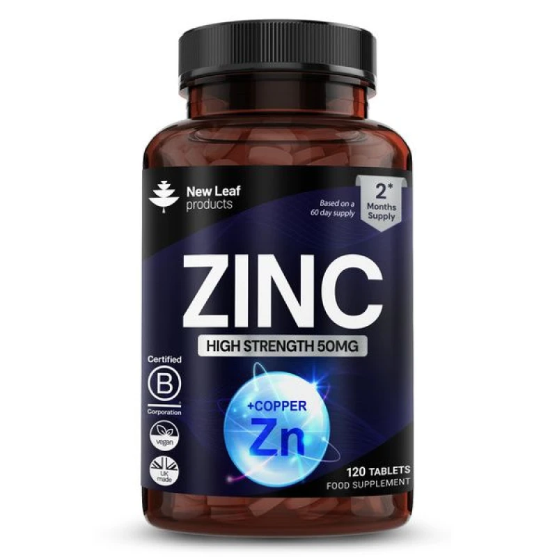 Image of New leaf health Zinc 50mg High Strength 120 Zinc Tablets with Copper, Contributes Towards The Immune System, Bone Health and Fertility Blue unisex