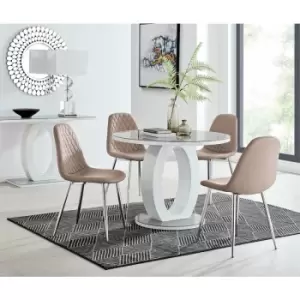Image of Furniturebox UK - Furniturebox Giovani White High Gloss And Grey Glass 100cm Round Dining Table And 4 Cappuccino Grey Corona Faux Leather Dining