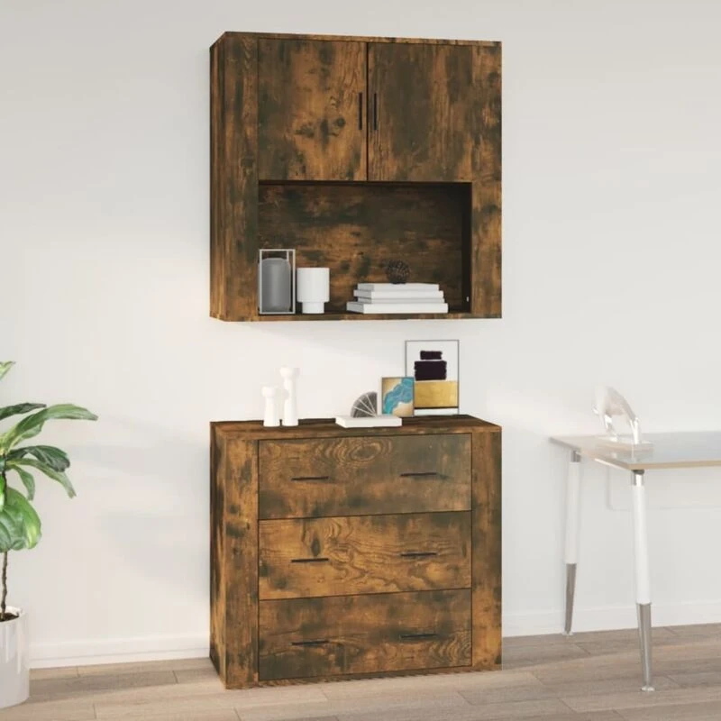 Image of Vidaxl Wall Cabinet Living Room Furniture Wall-mounted Display Side Hanging Top Cabinet Home Organiser Sideboard Smoked Oak Engineered Wood, Brown 816