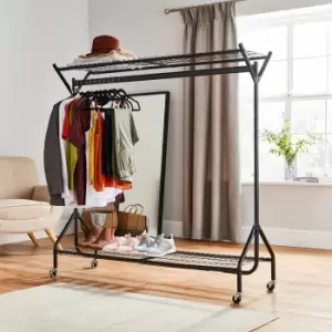 Image of House of Home 5ft X 5ft Black Heavy Duty Hanging Clothes Garment Rail With Shoe Rack Shelf And Hat Stand in Black Metal