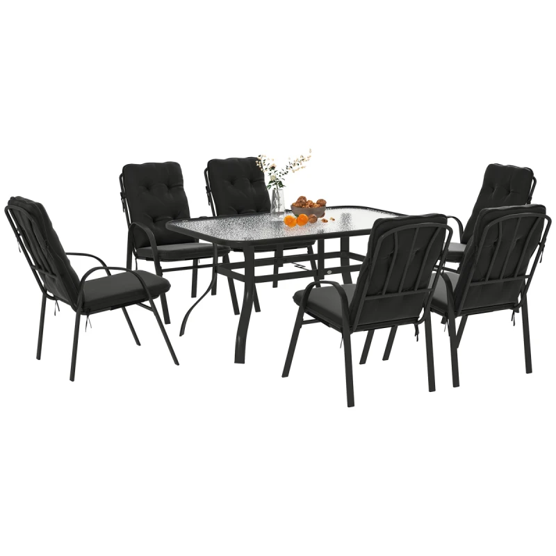 Image of Outsunny 7 PCs Garden Dining Set w/ Umbrella Hole & Cushion, Black 84G-127V02BK