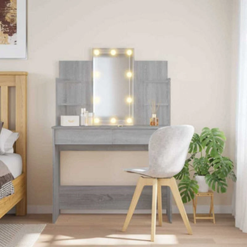 Image of vidaXL Dressing Table with LED Lights Grey Sonoma 96x40x142 cm, Grey 837898